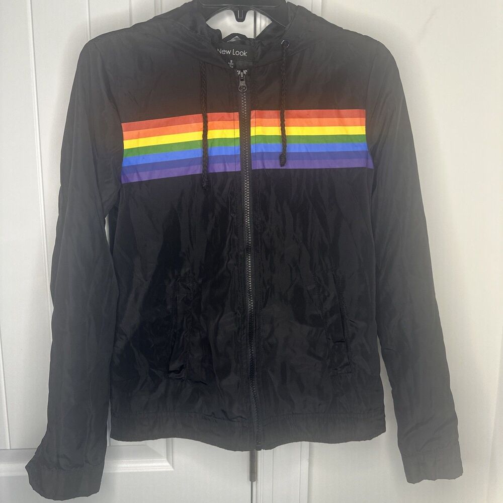 New Look Rainbow Black Windbreaker Size Small